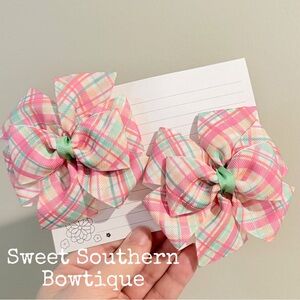 Pink Mint Coral Plaid Pinwheel Hair Bow Pair Set